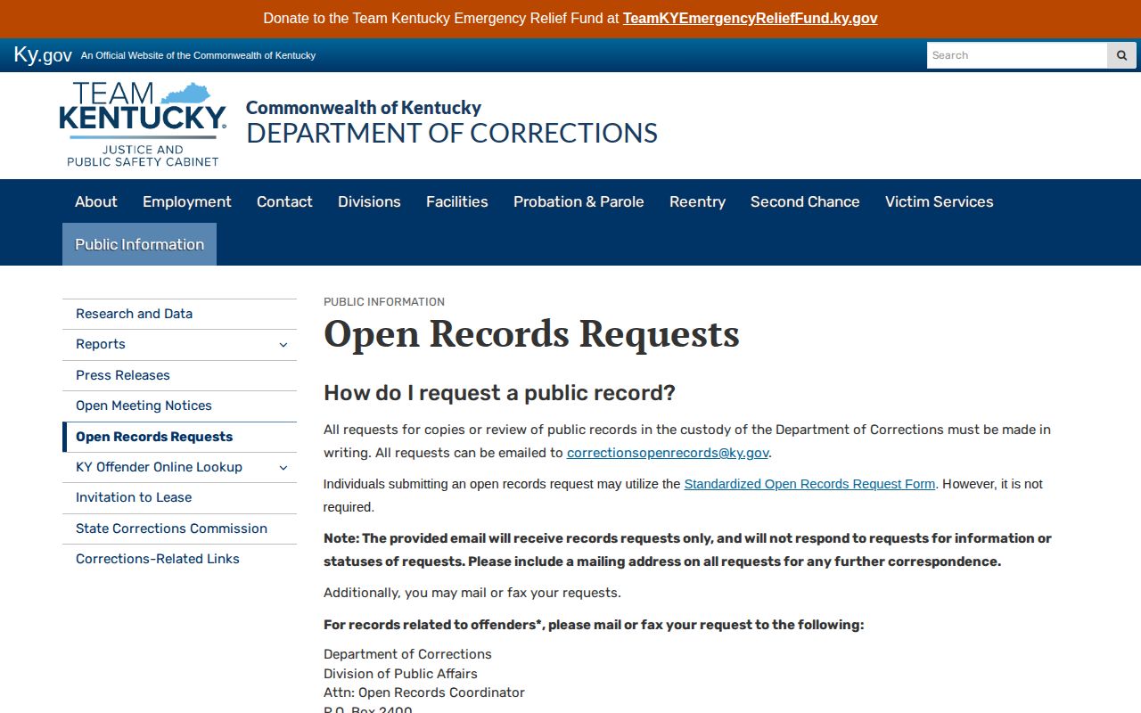 Kentucky Department of Corrections open-records request page