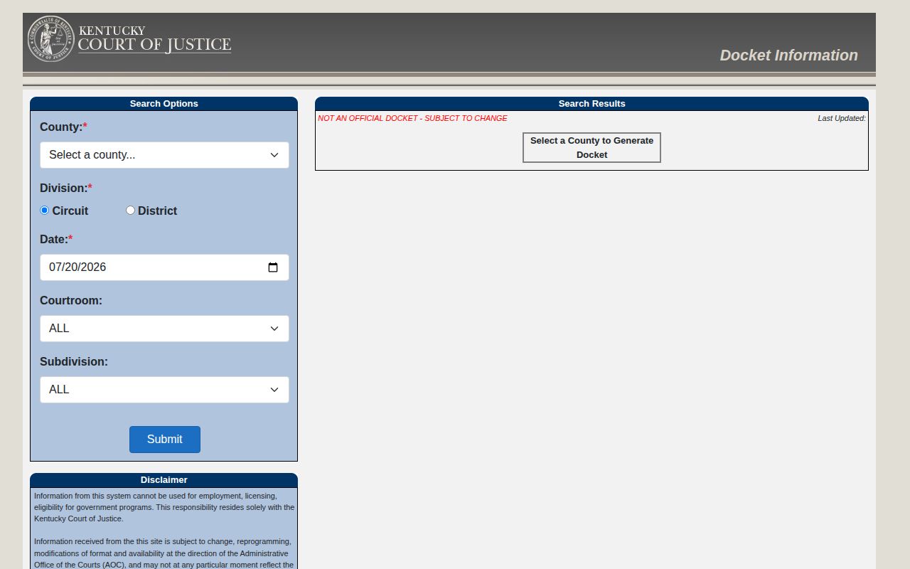Kentucky Court of Justice docket search used for Mason County cases